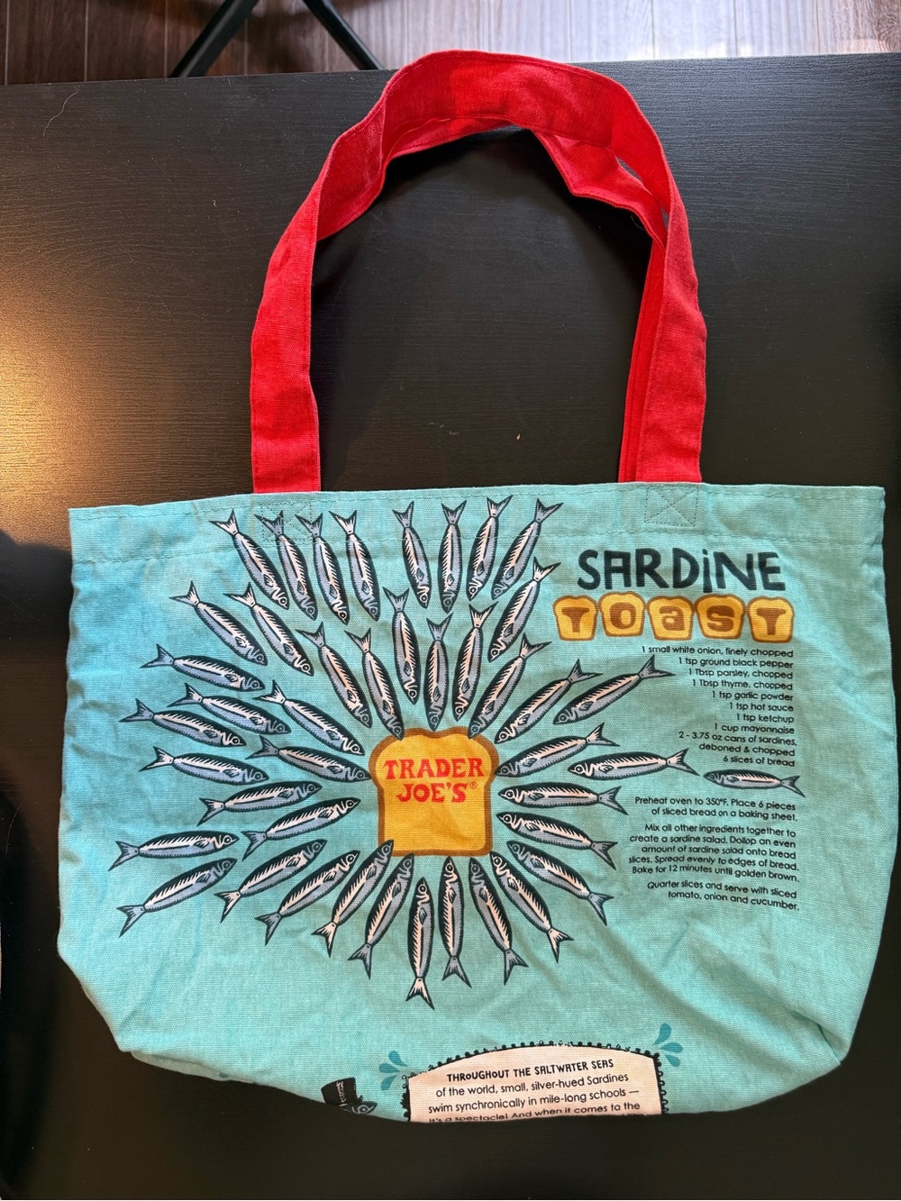 TRADER JOE’S 2023 sardine tote bag with graphic of sardines in olive oil - Picture 2 of 4